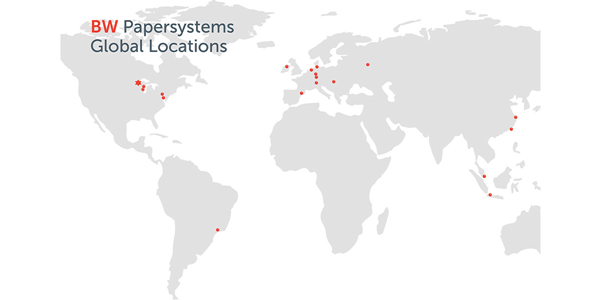 BW Papersystems Weltkarte der globalen Standorte im Jahr 2018